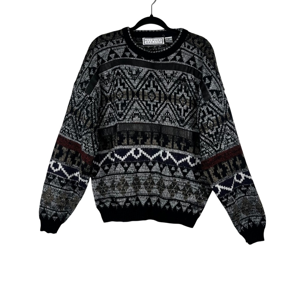 Michael Gerald Sweater Mens Multicolor Geometric Leather Trim‎ Size XL